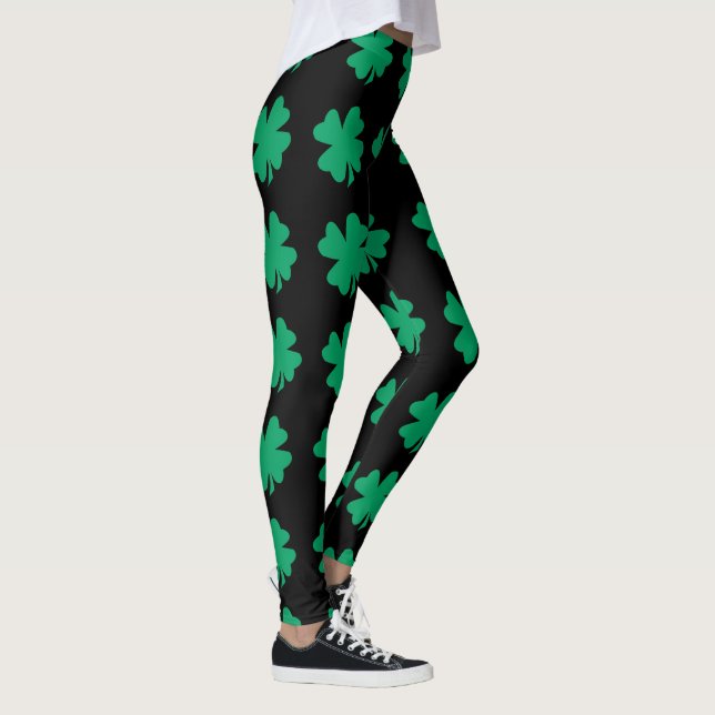 Green St Patrick's Day Shamrock Leaf Black Leggings (Right)