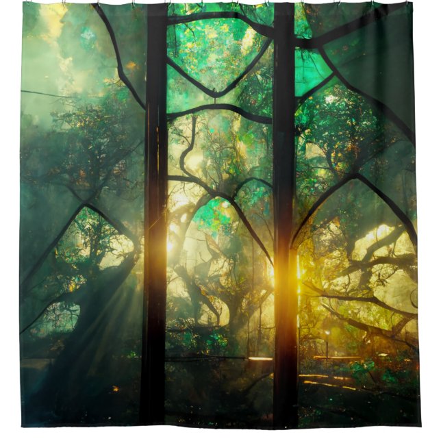Green Stained Glass Forest Silver Plated Necklace Shower Curtain (Front)