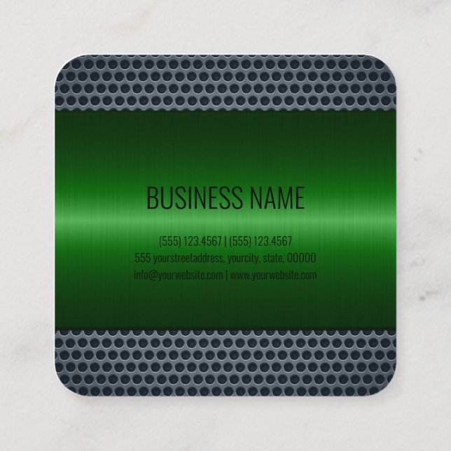 Green Stainless Steel Metal Look Square Business Card (Back)