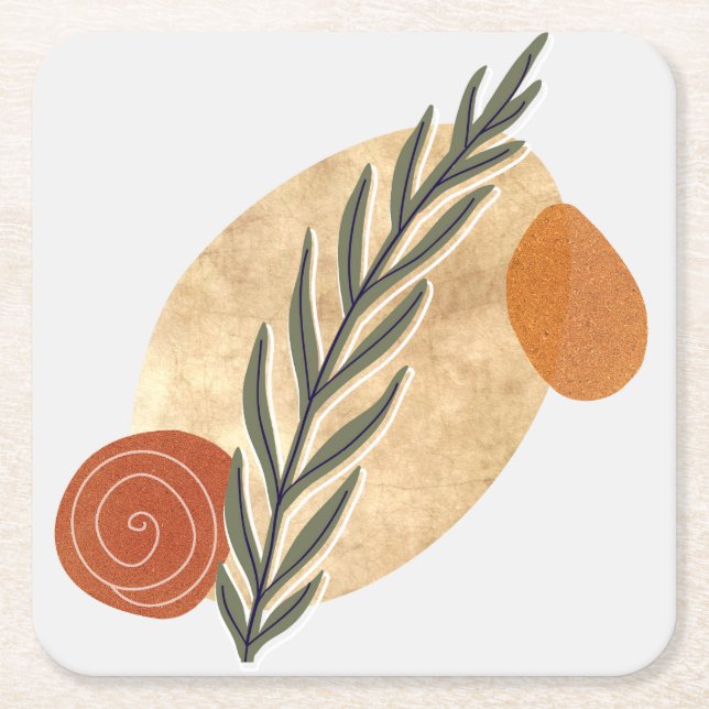 Green Stalk Boho Square Paper Coaster (Front)