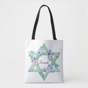 Green Star of David with pastel flowers Tote Bag