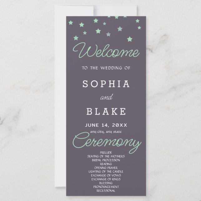 Green Stars Celestial Smoke Grey Wedding Program (Front)