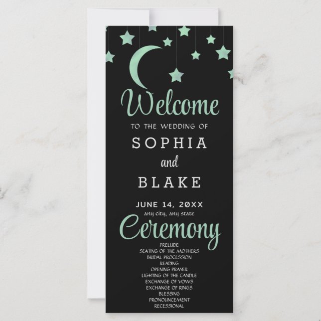 Green Stars Crescent Moon Black Wedding Program (Front)