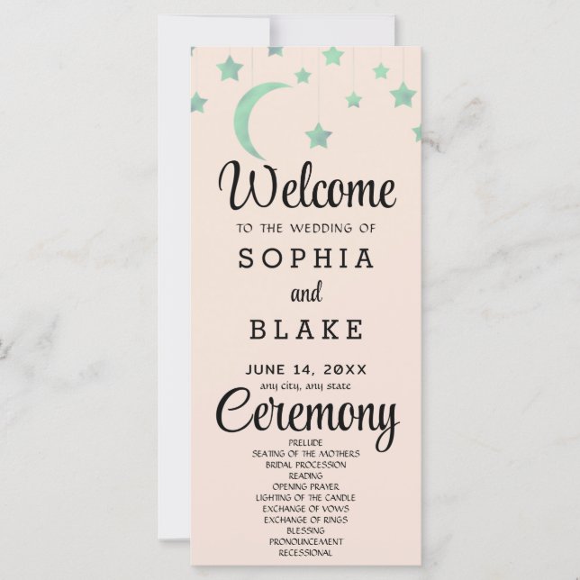 Green Stars Crescent Moon Cream Wedding Program (Front)