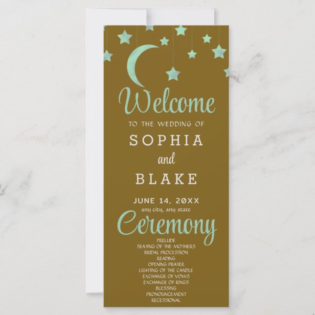 Green Stars Crescent Moon Gold Wedding Program (Front)
