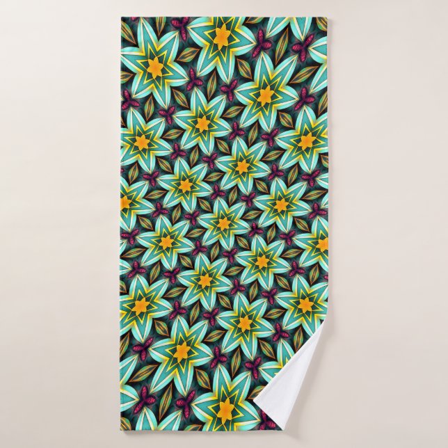 Green Stars Floral Pattern Bath Towel (Bath Towel)
