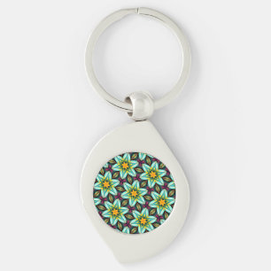Green Stars Floral Pattern Key Ring