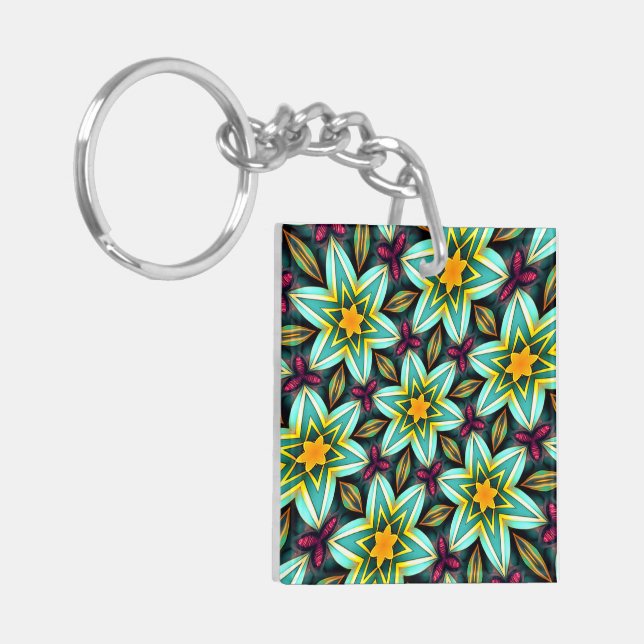 Green Stars Floral Pattern Key Ring (Front Left)