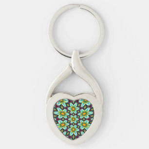 Green Stars Floral Pattern Key Ring