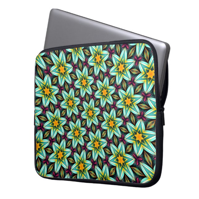 Green Stars Floral Pattern Laptop Sleeve (Front Left)