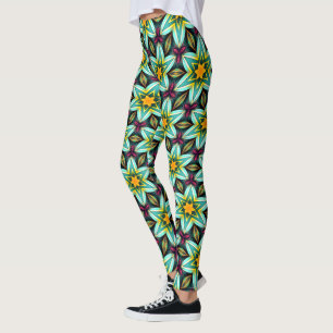 Green Stars Floral Pattern Leggings