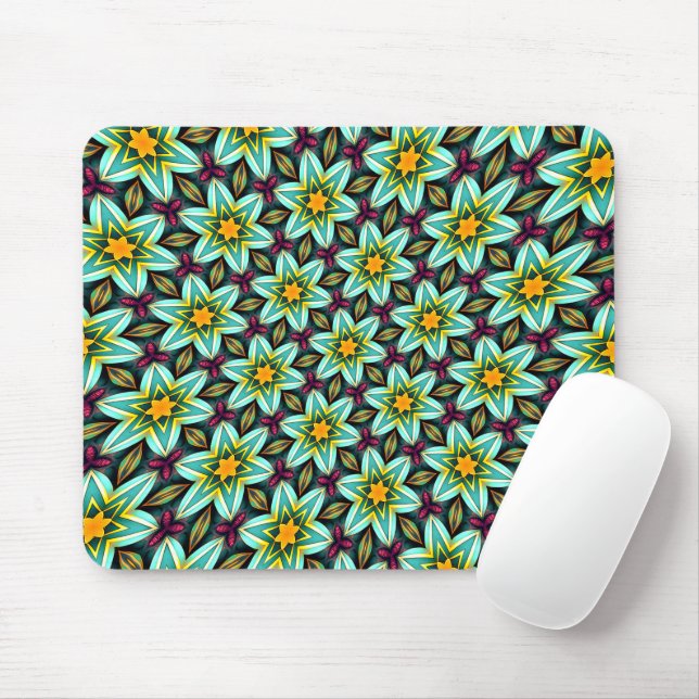 Green Stars Floral Pattern Mouse Mat (With Mouse)