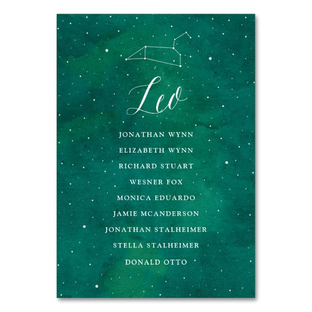 Green Stars Galaxy Wedding Seating Chart Card Leo (Front)