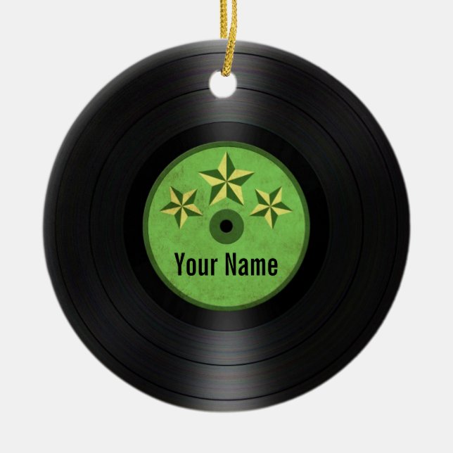 Green Stars Personalised Vinyl Record Album Ceramic Tree Decoration (Front)