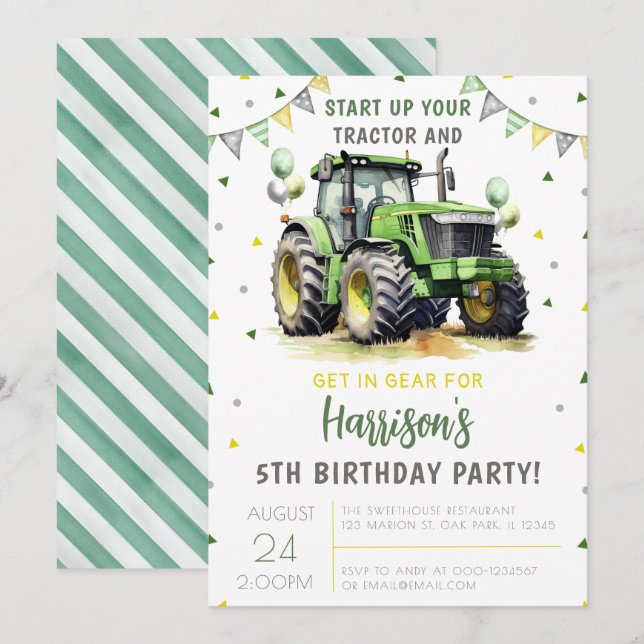 Green Start Up Your Tractor Birthday Invitation (Front/Back)