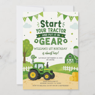 Green Start Your Tractor Cute Boy Birthday farm Invitation