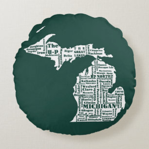 Green State of Michigan Cities Round Cushion