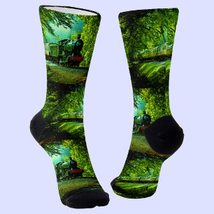 Green Steam Train Engine Old Locomotive  Socks