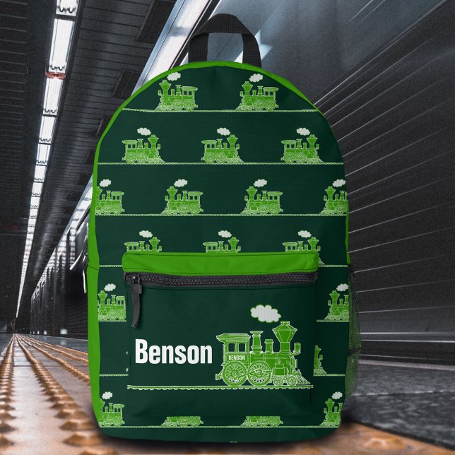 Green steam train kids named  printed backpack (Creator Uploaded)