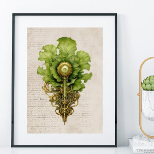 Green Steampunk lettuce wall art, kitchen Poster