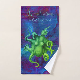 Green steampunk octopus on blue alcohol ink custom hand towel