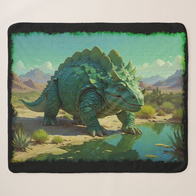 Green Stegosaurus and Desert Pool Sherpa Blanket (Front (Horizontal))