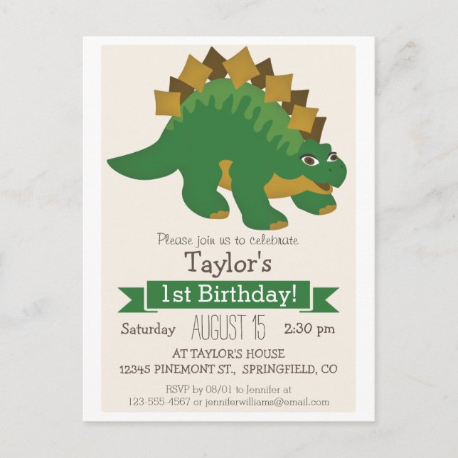 Green Stegosaurus Dinosaur Kid's Birthday Party Invitation Postcard (Front)