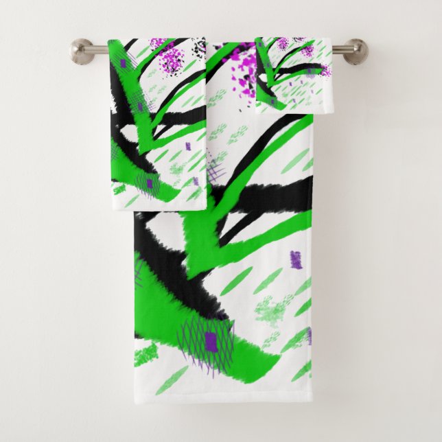 Green Stems Purple Blossoms  Bath Towel Set (Insitu)