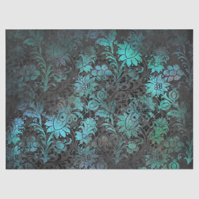 Green Stencil Flowers on Charcoal Decoupage Tissue Paper (Front)