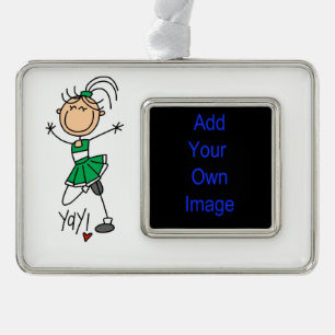 Green Stick Figure Cheerleader Silver Plated Framed Ornament