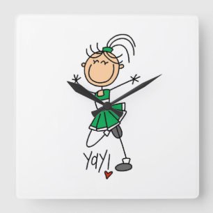 Green Stick Figure Cheerleader Square Wall Clock