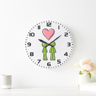 Green Stick Figure Couple Pink Heart Love Large Clock