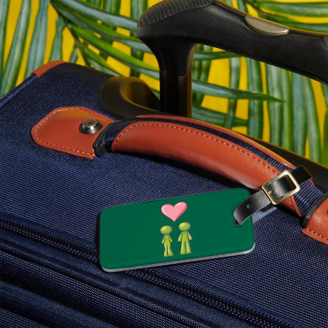 Green Stick Figure Couple Pink Heart Love Luggage Tag (Creator Uploaded)