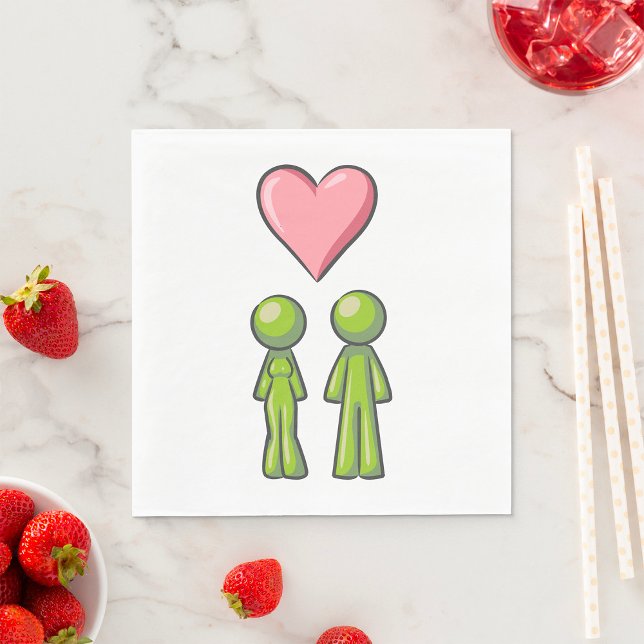 Green Stick Figure Couple Pink Heart Love Napkin (Creator Uploaded)