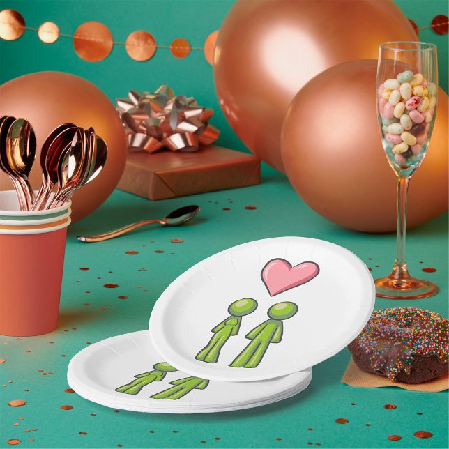 Green Stick Figure Couple Pink Heart Love Paper Plate (Creator Uploaded)