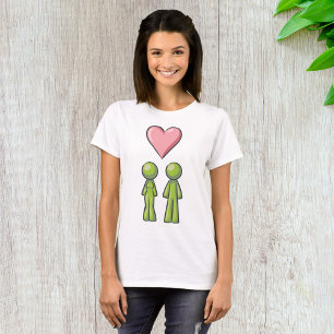 Green Stick Figure Couple Pink Heart Love T-Shirt