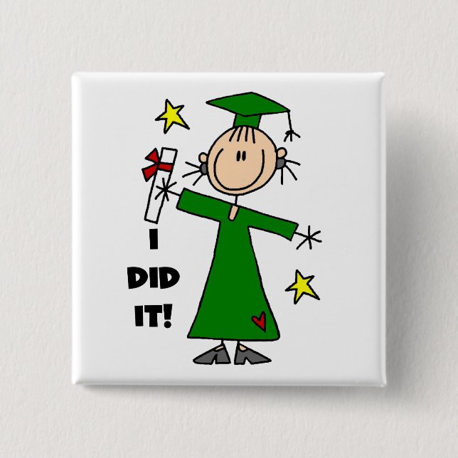 Green Stick Figure Girl Graduate 15 Cm Square Badge (Front)
