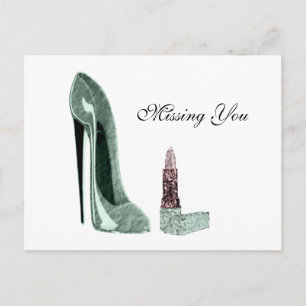 Green Stiletto Shoe and Lipstick Art Postcard