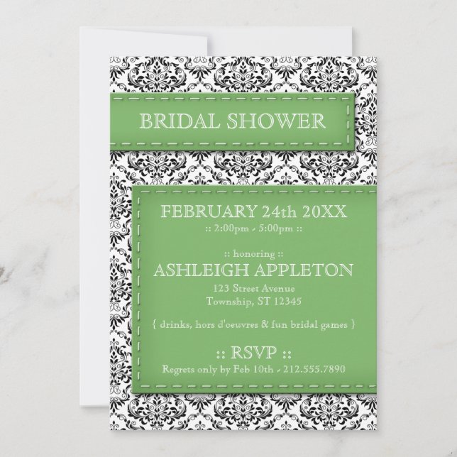 Green Stitched Damask Bridal Shower Invitations (Front)