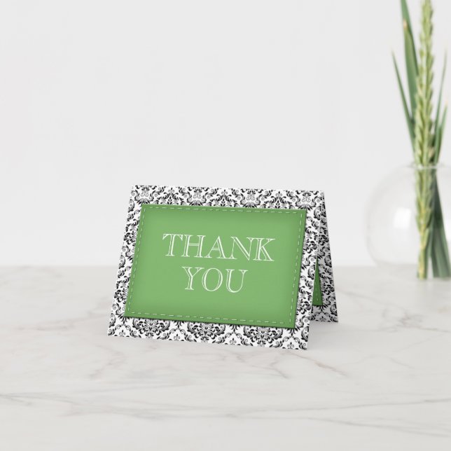 Green Stitched Damask Thank You Note Cards (Front)