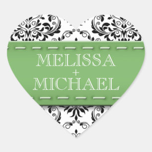 Green Stitched Damask Wedding Heart Envelope Seals