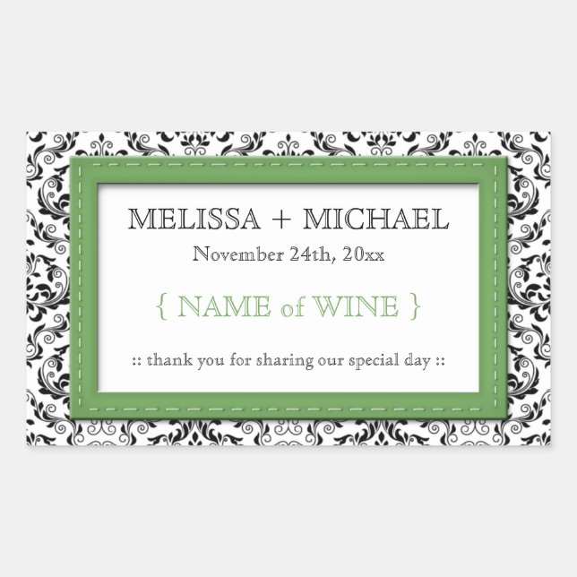 Green Stitched Damask Wedding Wine Labels (Front)