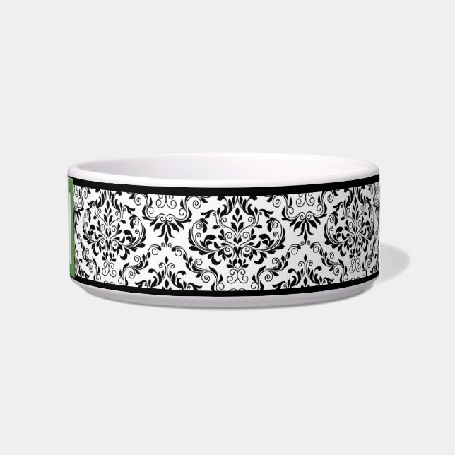 Green Stitched Label Design Damask Cat Bowl (Right)