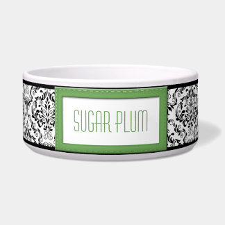 Green Stitched Label Design Damask Dog Bowl