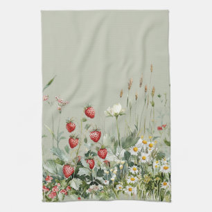 Green Strawberries Daisy Flowers Tea Towel
