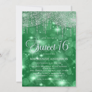 Green String Lights Bokeh Sweet 16 Invitation