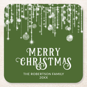 Green String Lights Christmas Party Square Paper Coaster