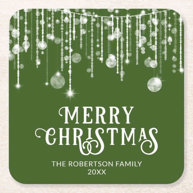 Green String Lights Christmas Party Square Paper Coaster (Front)