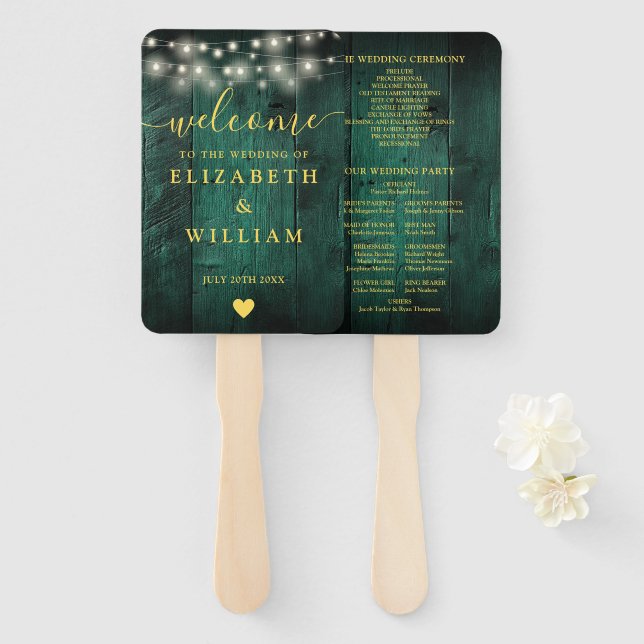 Green String Lights Rustic Wood Wedding Program Hand Fan (Front and Back)