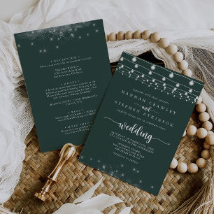 Green String Lights Stars Front & Back Wedding Invitation